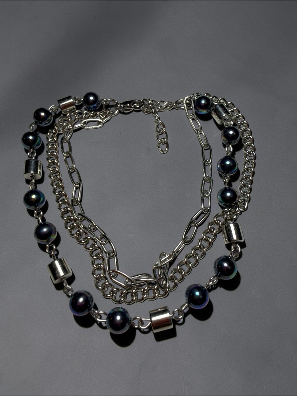 Multi-Strand Silver Chain Necklace with Iridescent Black Beads